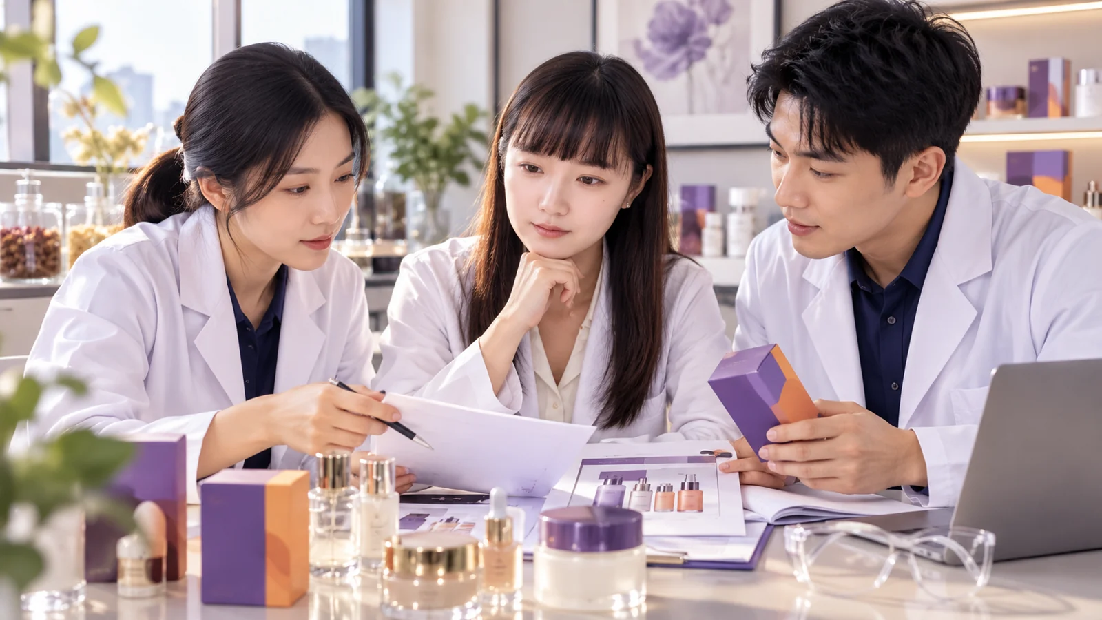 East Asian cosmetic project team reviewing packaging and ingredient briefs